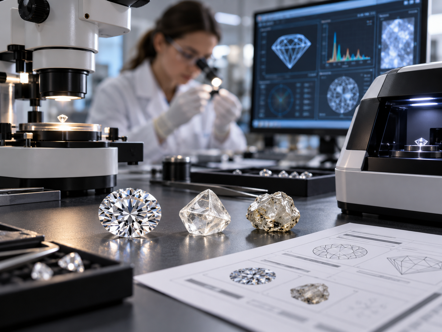Lab-Grown Diamond Identification and Certification Lab-grown and natural diamond samples being examined with professional gemological screening equipment.