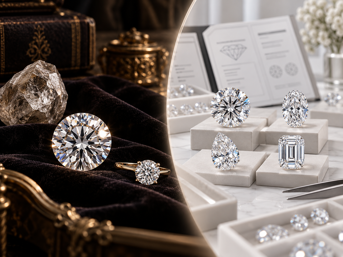 Natural vs Lab-Grown Diamonds: The Market Shift Natural diamond displayed beside certified lab-grown diamonds in a premium comparison of two jewelry market segments