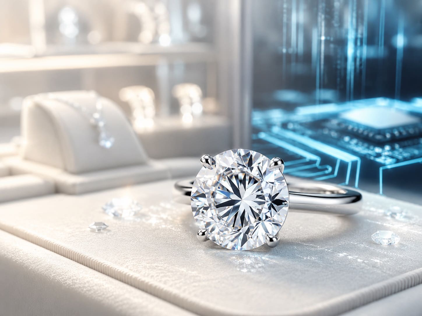 A large round lab-grown diamond engagement ring in a white gold or platinum setting on a soft luxury jewelry display, with subtle blue futuristic microchip-inspired lights in the background.