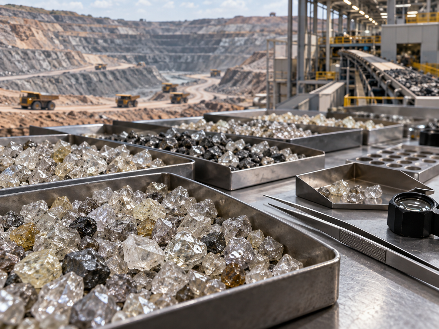 Natural Diamond Output Rises as Market Pressure Continues Natural rough diamonds in sorting trays with a large diamond mining operation in the background