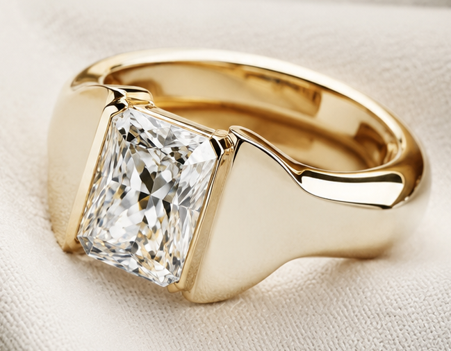 Modern lab-grown diamond fashion ring in a bold gold setting styled with colorful designer accessories on soft fabric.