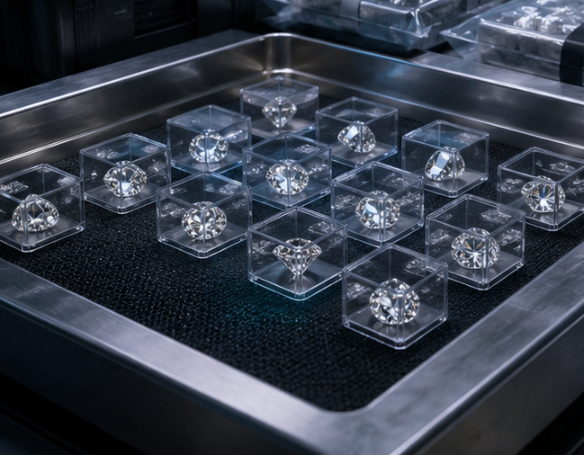 Diamond and Precious Metal Tariff Exemptions Explained Lab-grown diamonds shown under customs inspection beside exempt precious metals and European natural diamonds.