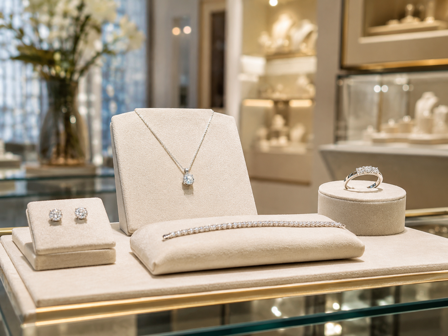 Lab-grown diamond studs, pendant, tennis bracelet and fashion ring displayed inside a modern European luxury jewelry boutique.
