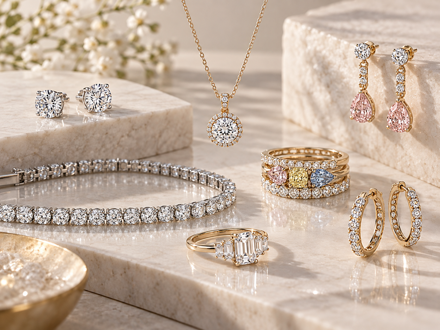 Premium editorial image showing the expansion of lab-grown diamonds into fashion jewelry and colored diamond categories.