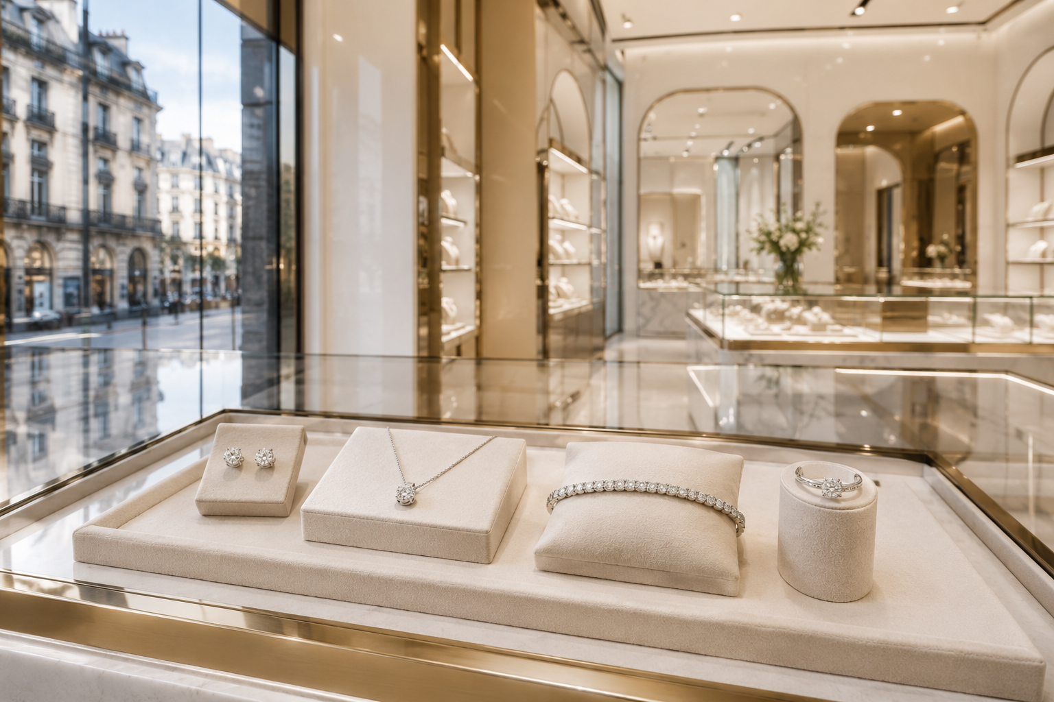 Lab-grown diamond studs, pendant, tennis bracelet and fashion ring displayed inside a modern European luxury jewelry boutique.
