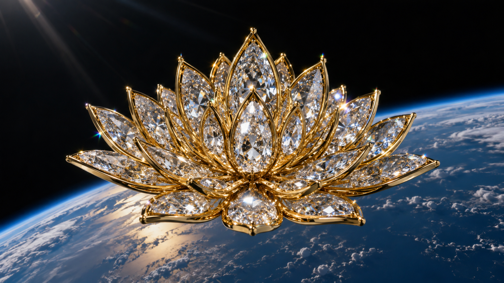 Lab-grown diamond lotus jewel surrounded by precision tools and engineering components during preparation for a space mission.