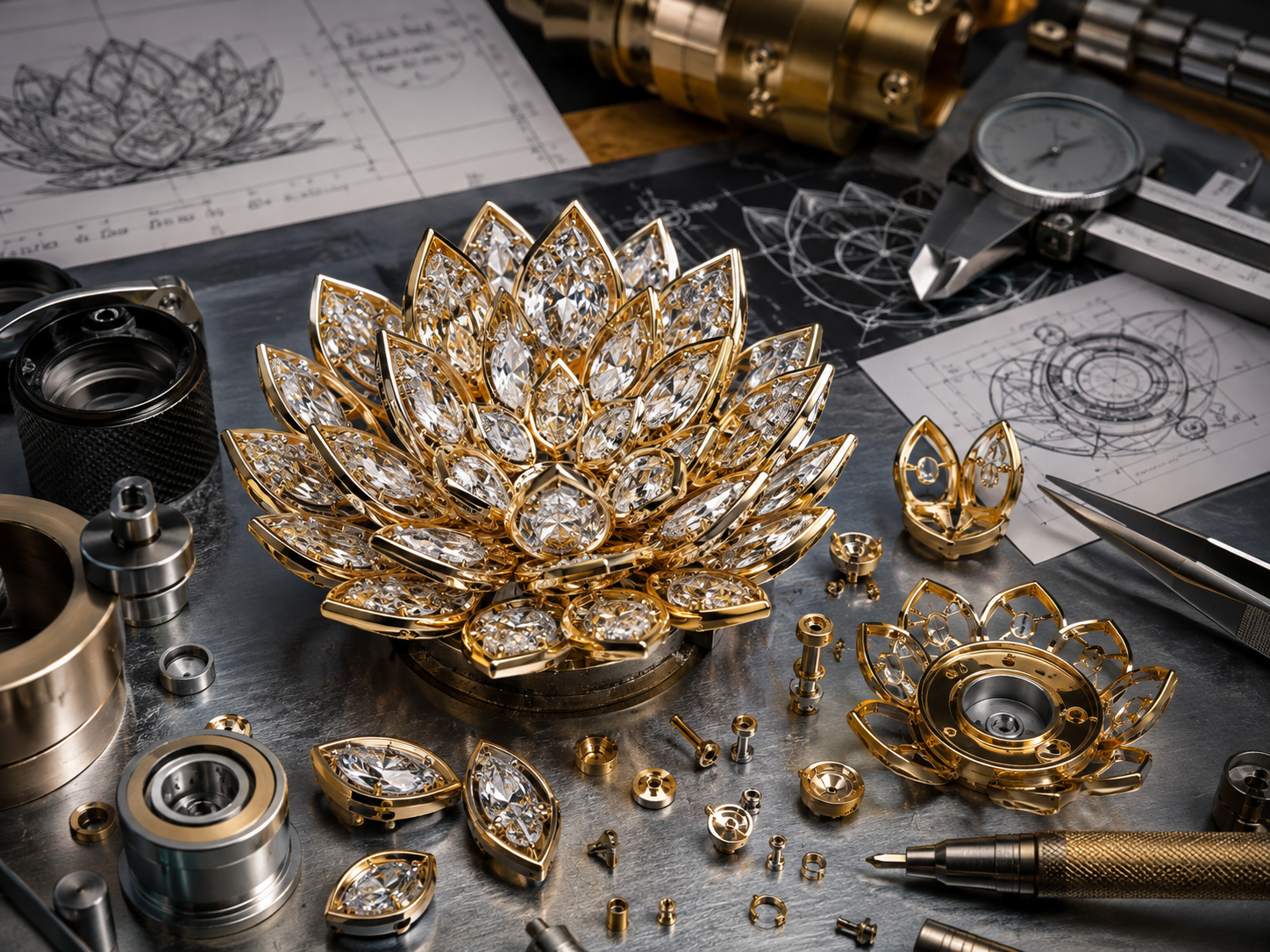 Lab-grown diamond lotus jewel surrounded by precision tools and engineering components during preparation for a space mission.