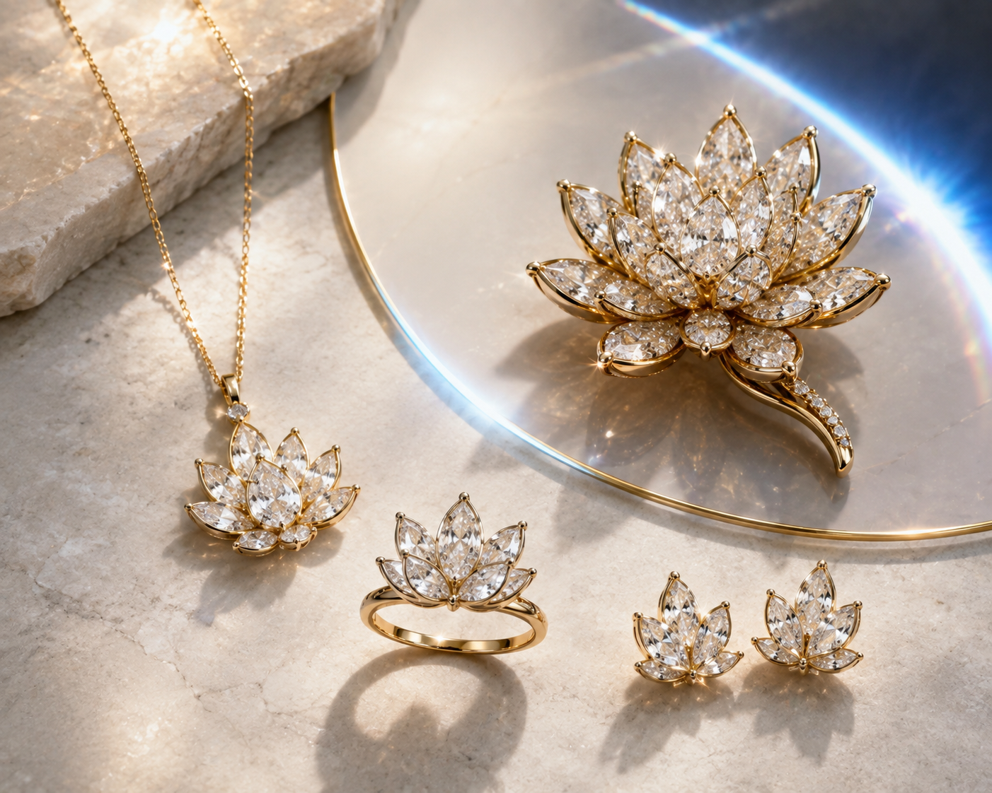 Sunlight refracting through pear-cut lab-grown diamonds in a lotus-shaped jewel above Earth.