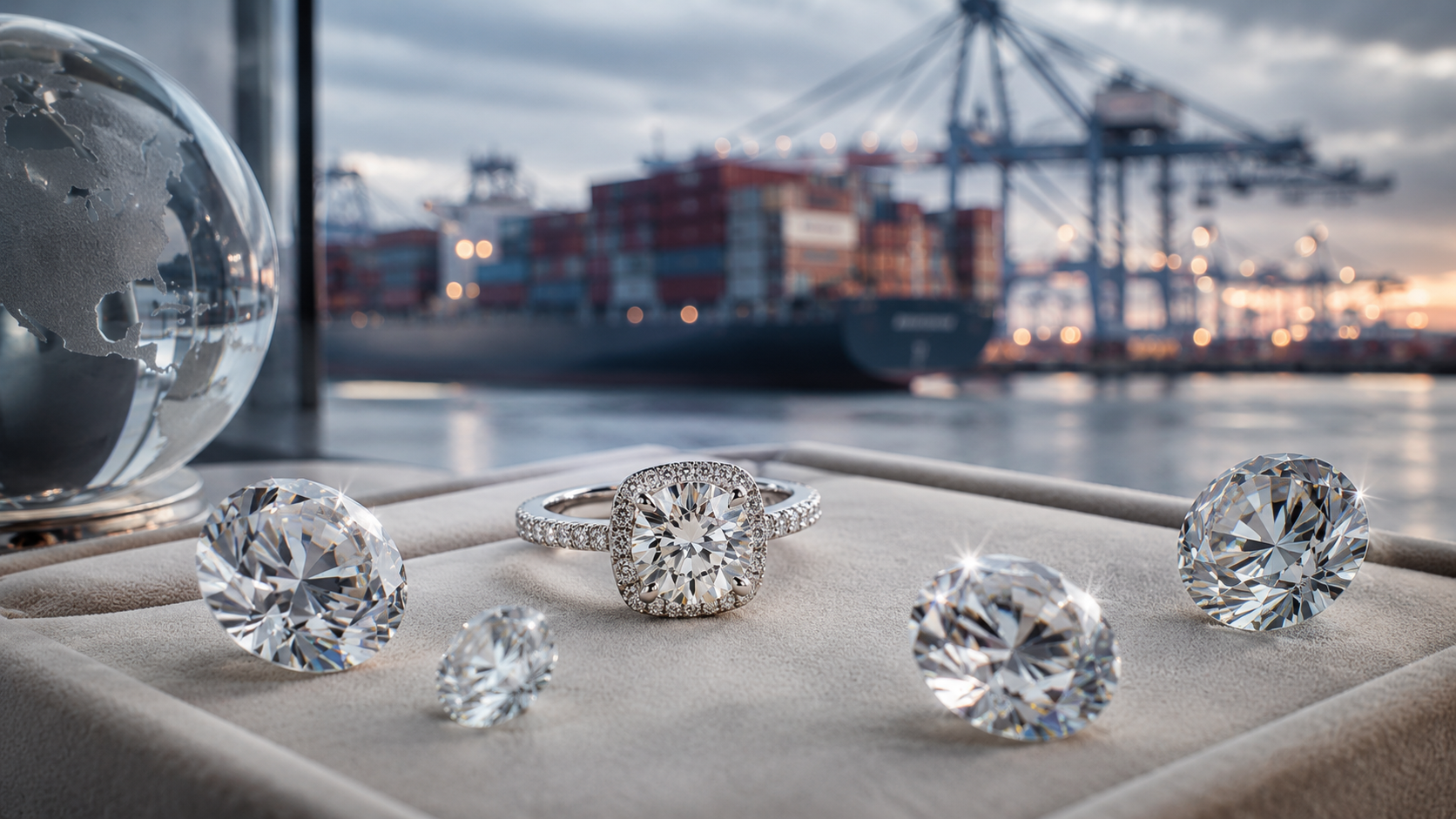 New U.S. Tariffs on Lab-Grown Diamond Imports Lab-grown diamonds and diamond jewelry displayed in front of a container port representing new U.S. import tariffs.