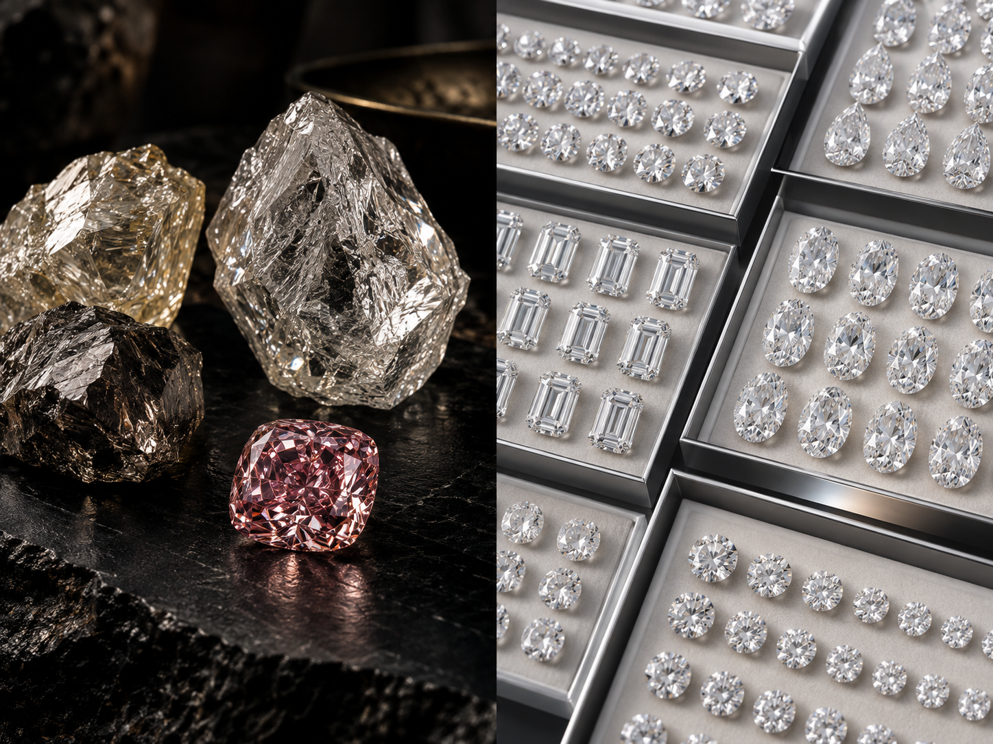 Large natural diamonds contrasted with consistently supplied smaller lab-grown diamonds in a premium market comparison.